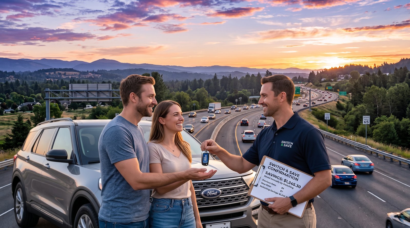 Staged illustration of drivers reviewing a sample rate-check sheet.